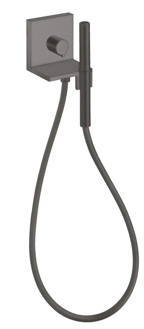 Schwarzes Unterputz-Handbrausemodul von AXOR mit eckigem Design, bestehend aus einem Schlauch und einem Handbrausekopf, montiert auf einer quadratischen Wandplatte.